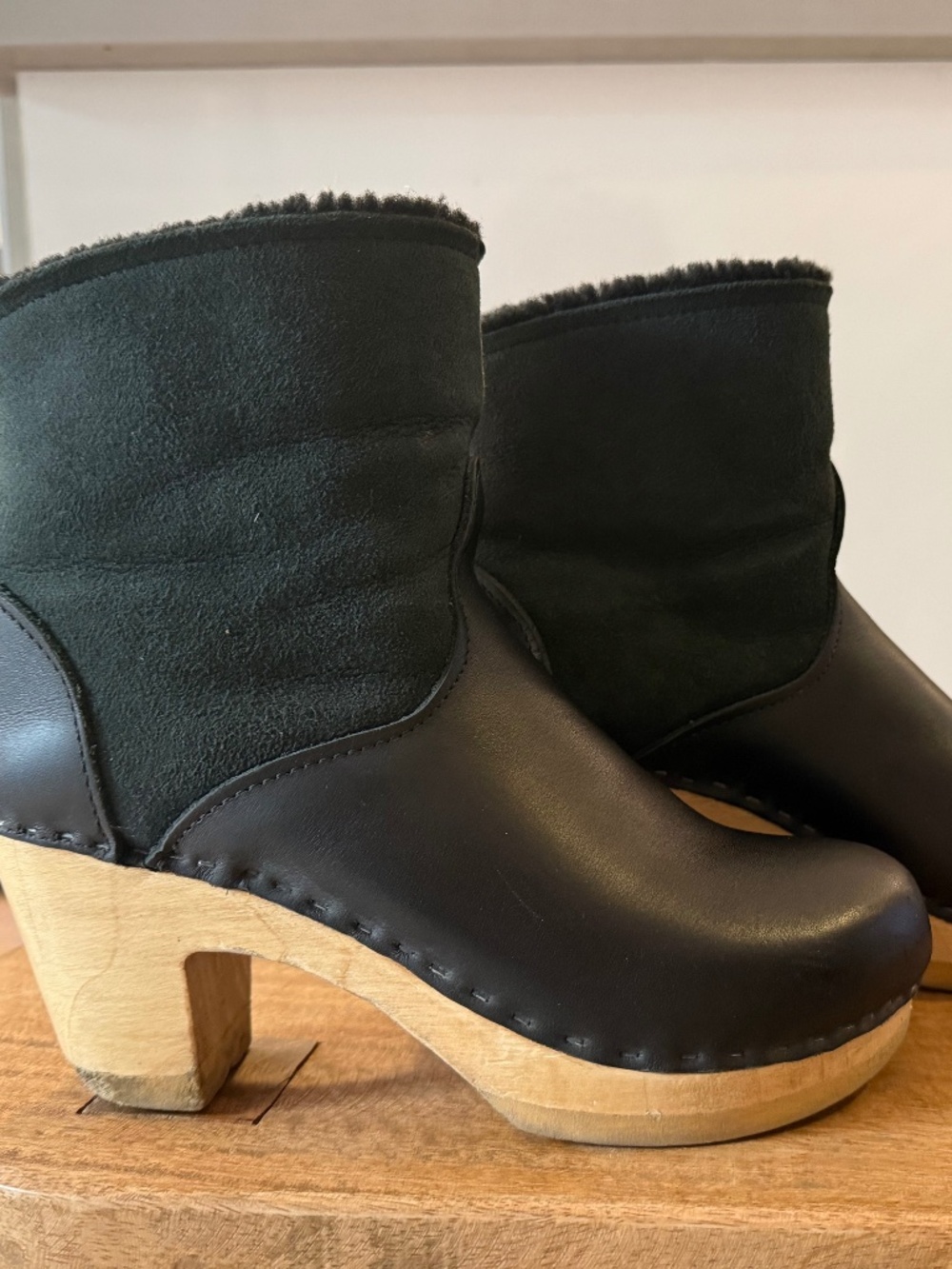 NO.6 5" Pull on Shearling Clog Boot on High Heel in Black